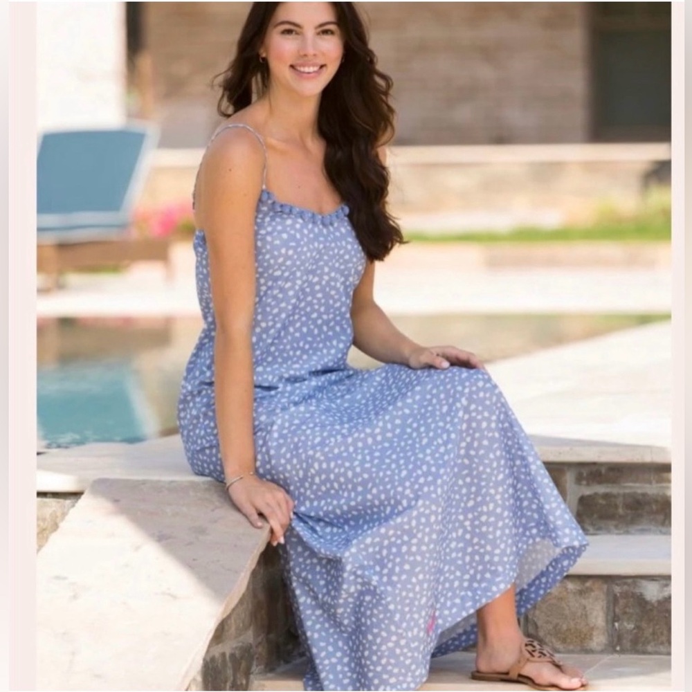 Simply Southern Dots‎ Blue Pom Pom Maxi Dress Preppy Effortless Beach Nautical - Picture 2 of 9